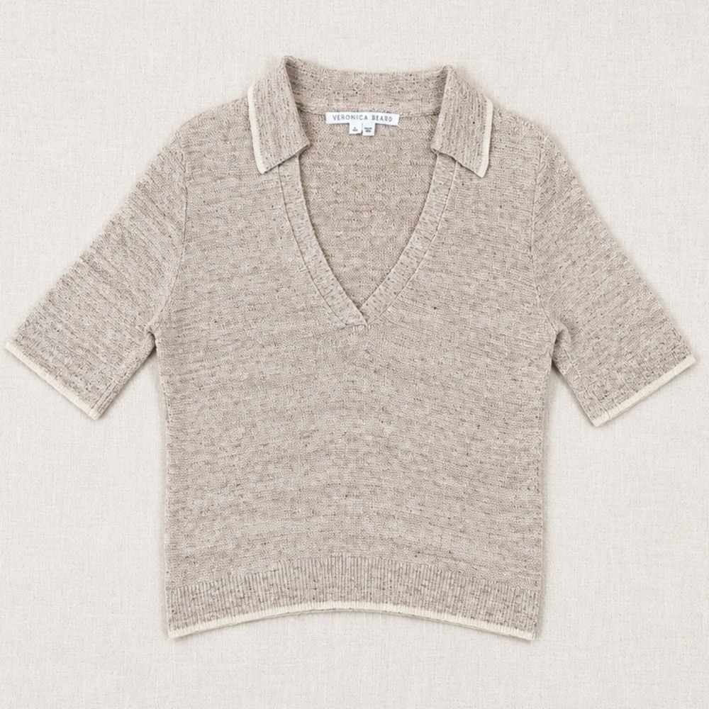 Veronica Beard Linen Knit Polo Top Womens XS Oatmeal Beige V-Neck Sustainable